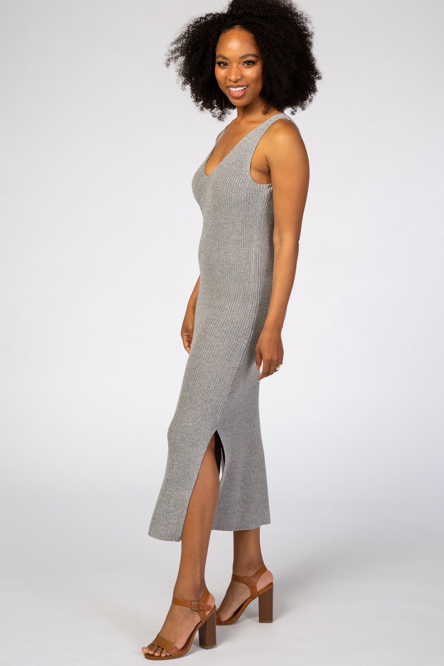 Heather Grey V-Neck Side Slit Midi Dress
