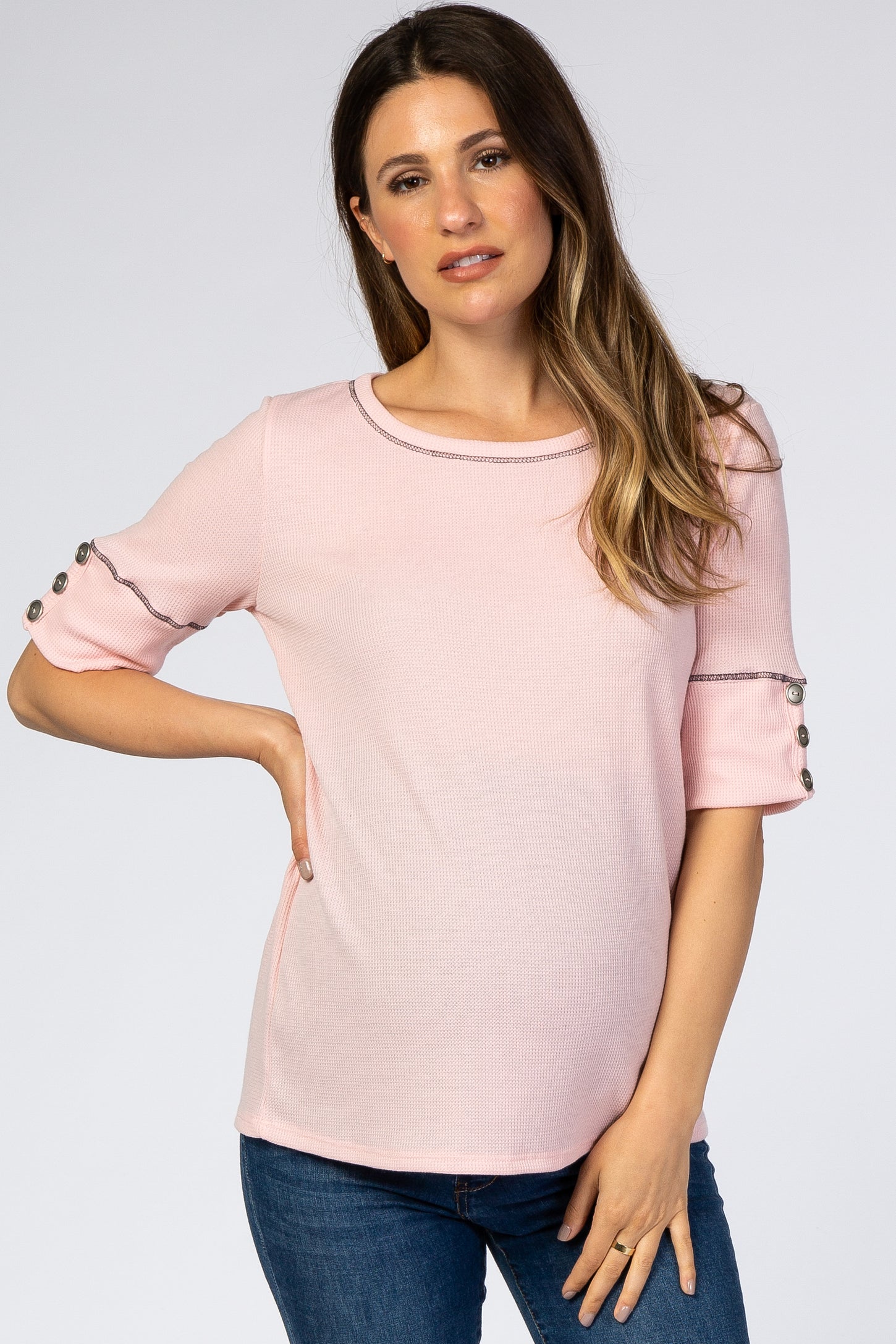 Light Pink Waffle Knit Button Sleeve Maternity Top
