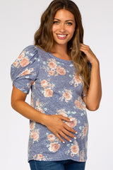 Blue Floral Short Twisted Sleeve Maternity Top