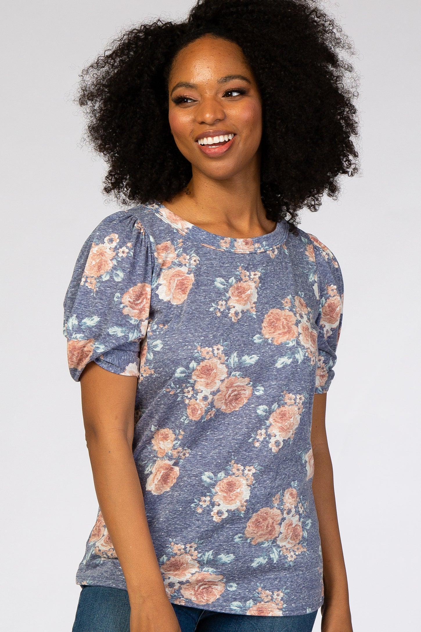 Blue Floral Short Twisted Sleeve Top