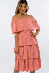 Pink Polka Dot Off Shoulder Ruffle Layered Midi Dress