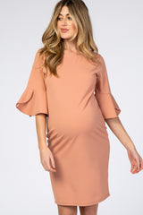 Salmon Fitted Ruffle Sleeve Maternity Dress