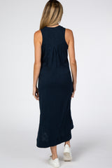 Navy Blue Front Button Hi-Low Maternity Midi Dress