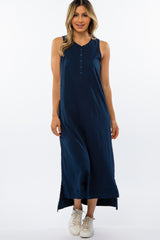 Navy Blue Front Button Hi-Low Maternity Midi Dress