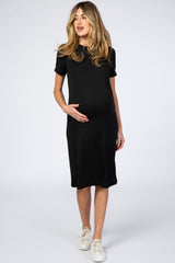 Black Short Sleeve Maternity Midi Dress