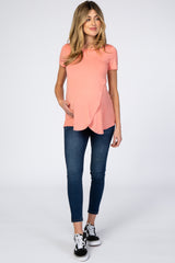 Peach Layered Wrap Front Maternity Nursing Top