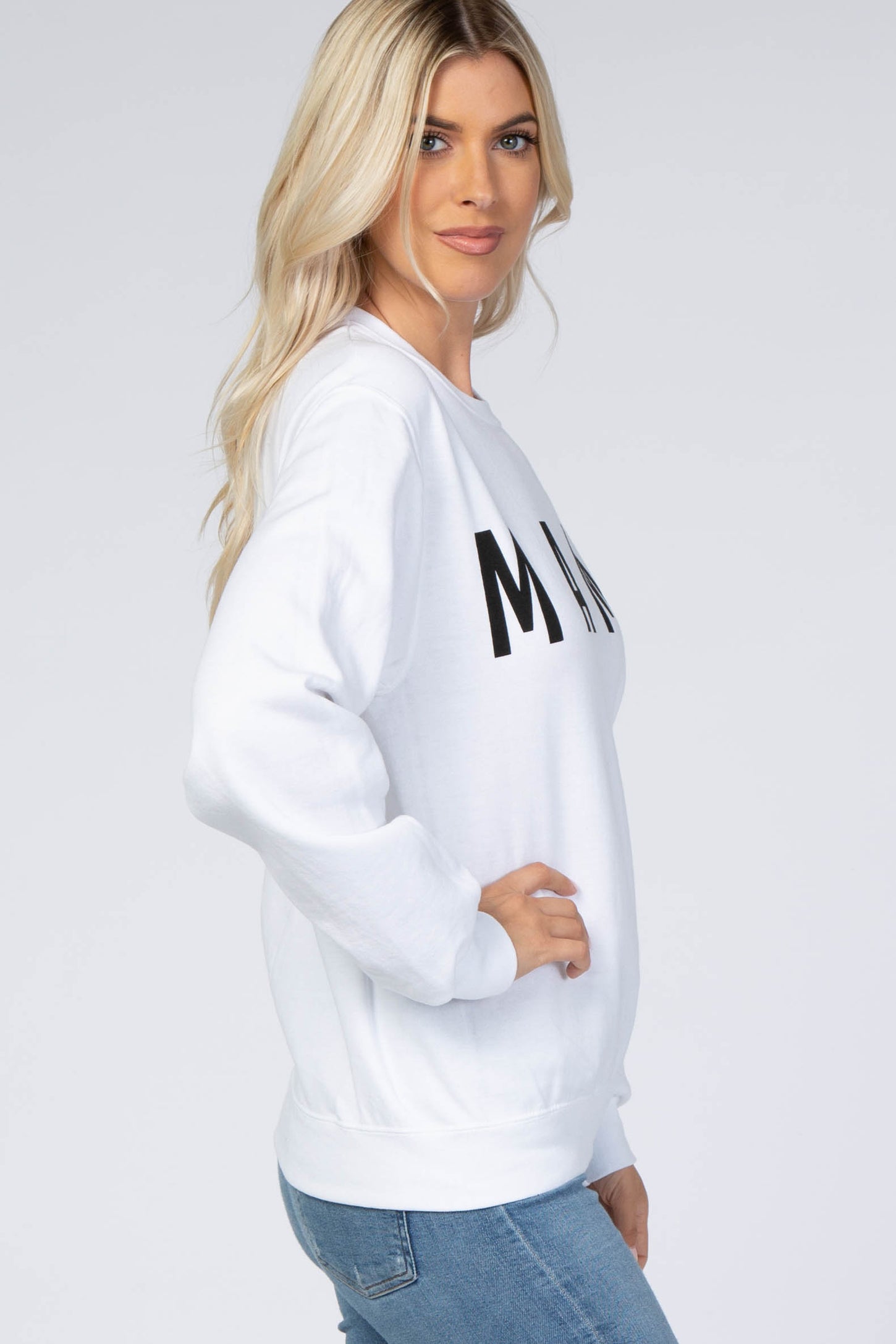 White Screen Print Mama Pullover Sweatshirt