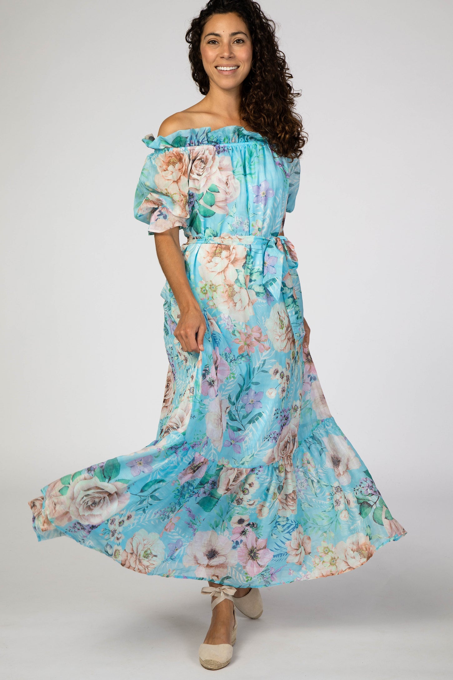 Light Blue Floral Chiffon Off Shoulder Maxi Dress