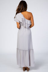 Grey Chiffon One Shoulder Ruffle Maxi