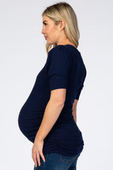 Navy Ribbed Ruched Fitted Maternity Top