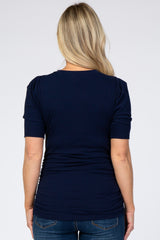 Navy Ribbed Ruched Fitted Maternity Top