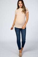 Cream Ribbed Ruffle Trim Maternity Top