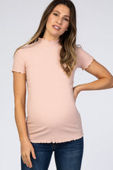 Light Pink Ribbed Ruffle Trim Maternity Top