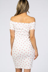 Ivory Floral Off Shoulder Fitted Dress