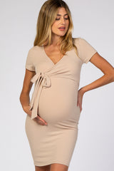 Taupe Knit Wrap Fitted Maternity/Nursing Dress
