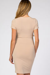 Taupe Knit Wrap Fitted Maternity/Nursing Dress