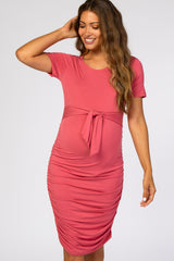 Coral Tie Waist Maternity Dress