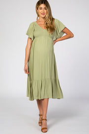 Light Olive Smocked Ruffle Maternity Dress