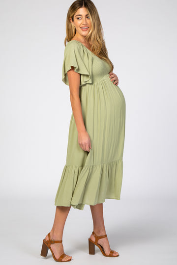 Light Olive Smocked Ruffle Maternity Dress