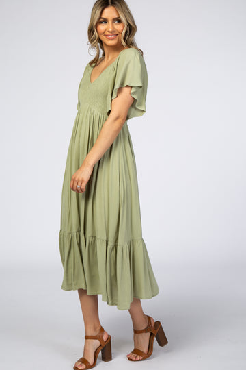 Light Olive Smocked Ruffle Dress