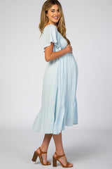 Light Blue Smocked Ruffle Maternity Dress