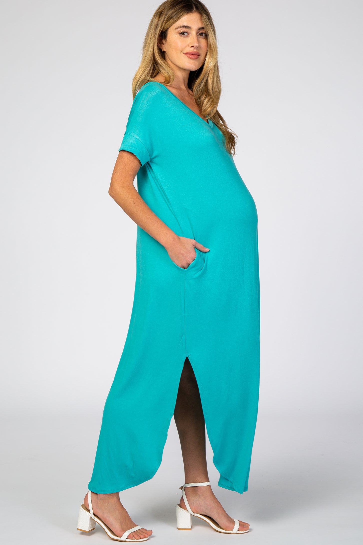 Aqua Side Slit Maternity Maxi Dress