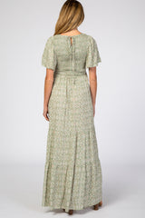 Light Olive Floral Smocked Front Pleated Hem Maternity Maxi Dress