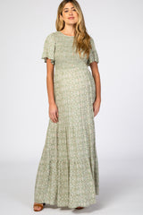 Light Olive Floral Smocked Front Pleated Hem Maternity Maxi Dress