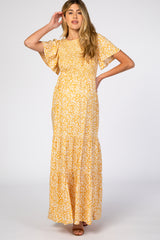 Yellow Floral Smocked Front Pleated Hem Maternity Maxi Dress