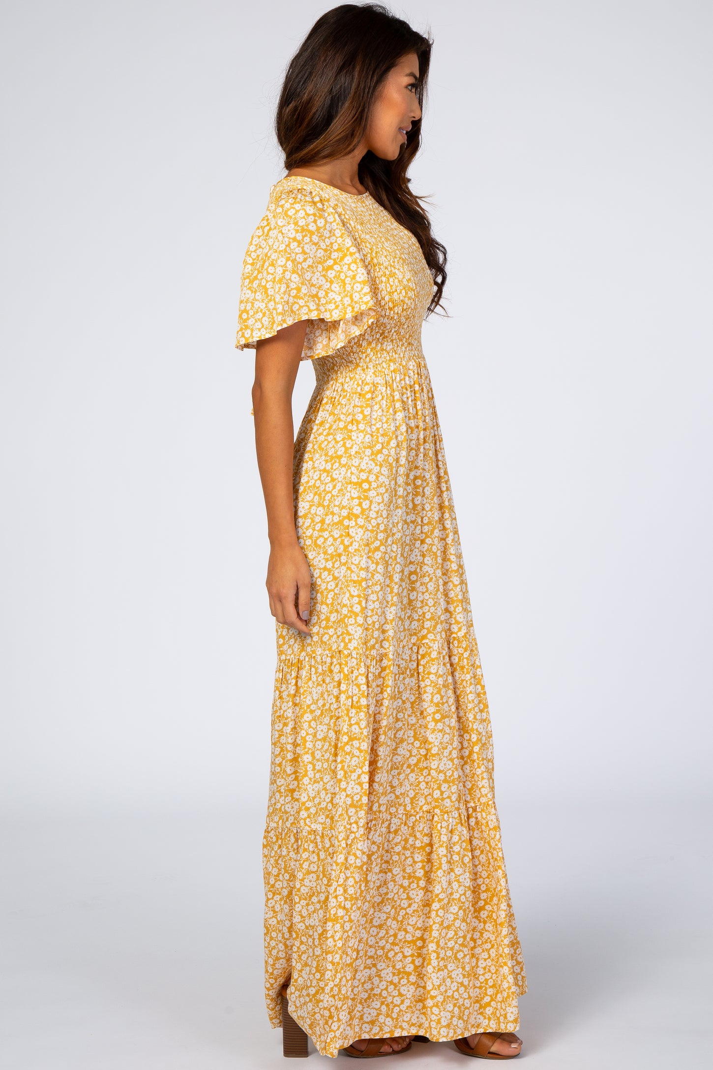 Yellow Floral Smocked Front Pleated Hem Maxi Dress