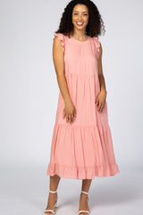 Pink Ruffle Sleeve Tiered Midi Dress