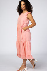 Pink Ruffle Sleeve Tiered Midi Dress