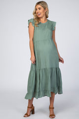 Sage Ruffle Sleeve Tiered Maternity Midi Dress