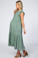 Sage Ruffle Sleeve Tiered Maternity Midi Dress