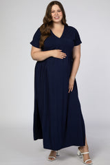 Navy Blue Empire Waist Side Slit Maternity Plus Maxi Dress