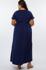 Navy Blue Empire Waist Side Slit Plus Maxi Dress