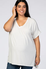 Light Grey V-Neck Cuffed Short Sleeve Plus Maternity Top