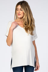 Light Beige V-Neck Cuffed Short Sleeve Maternity Top