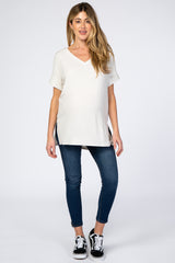 Light Beige V-Neck Cuffed Short Sleeve Maternity Top