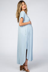 Light Blue Side Slit Maternity Maxi Dress