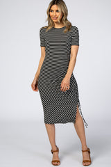 Black Striped Side Ruched Maternity Midi Dress