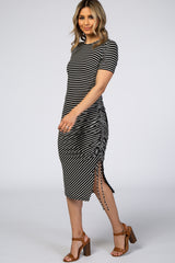 Black Striped Side Ruched Midi Dress