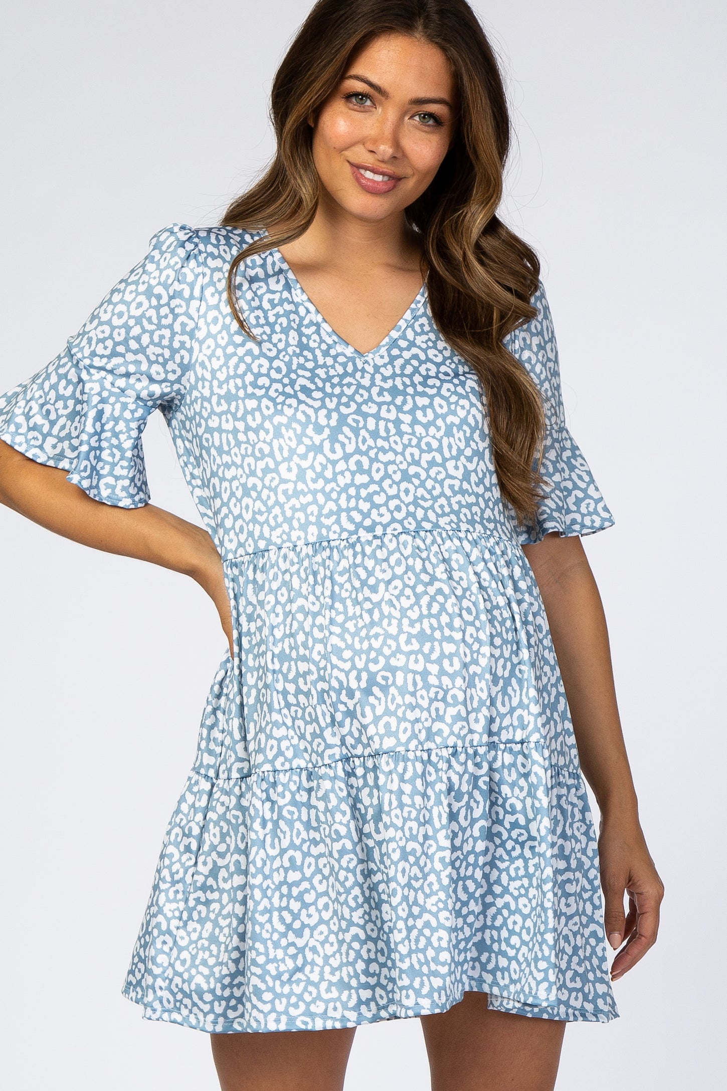 Blue Animal Print Ruffle Sleeve Maternity Dress