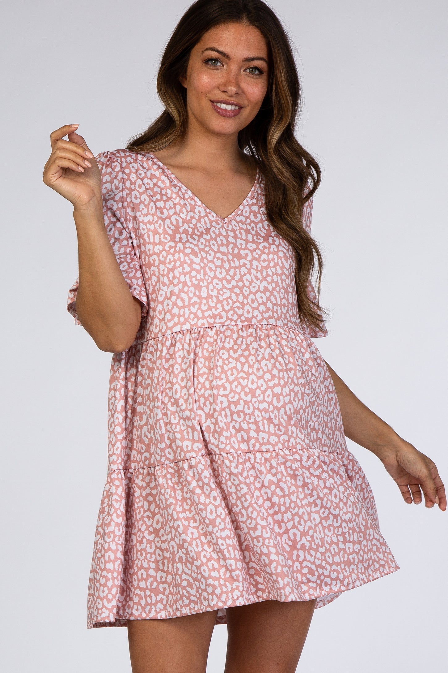 Pink Animal Print Ruffle Sleeve Maternity Dress