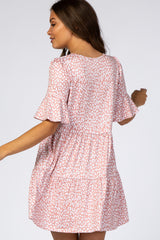 Pink Animal Print Ruffle Sleeve Maternity Dress
