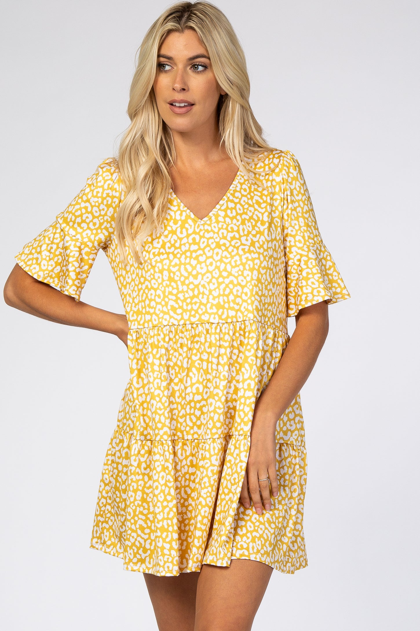 Yellow Animal Print Ruffle Sleeve Dress