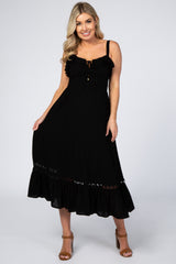 Black Smocked Ruffle Accent Maternity Midi Dress