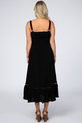 Black Smocked Ruffle Accent Maternity Midi Dress