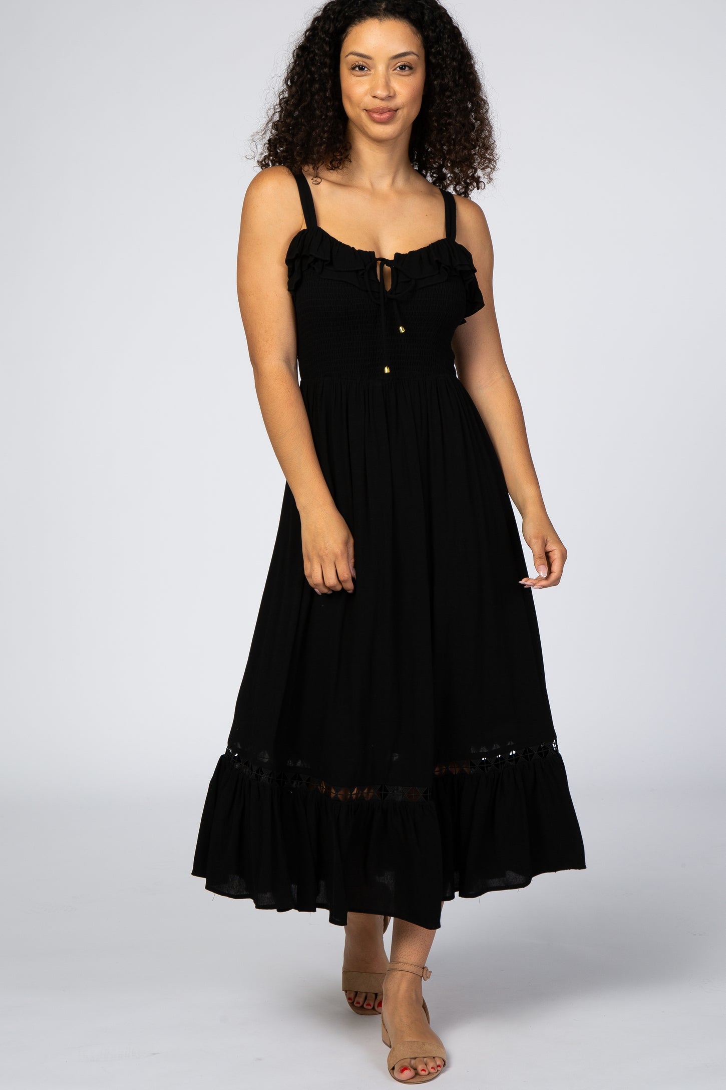 Black Smocked Ruffle Accent Midi Dress