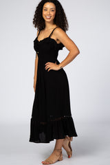 Black Smocked Ruffle Accent Midi Dress